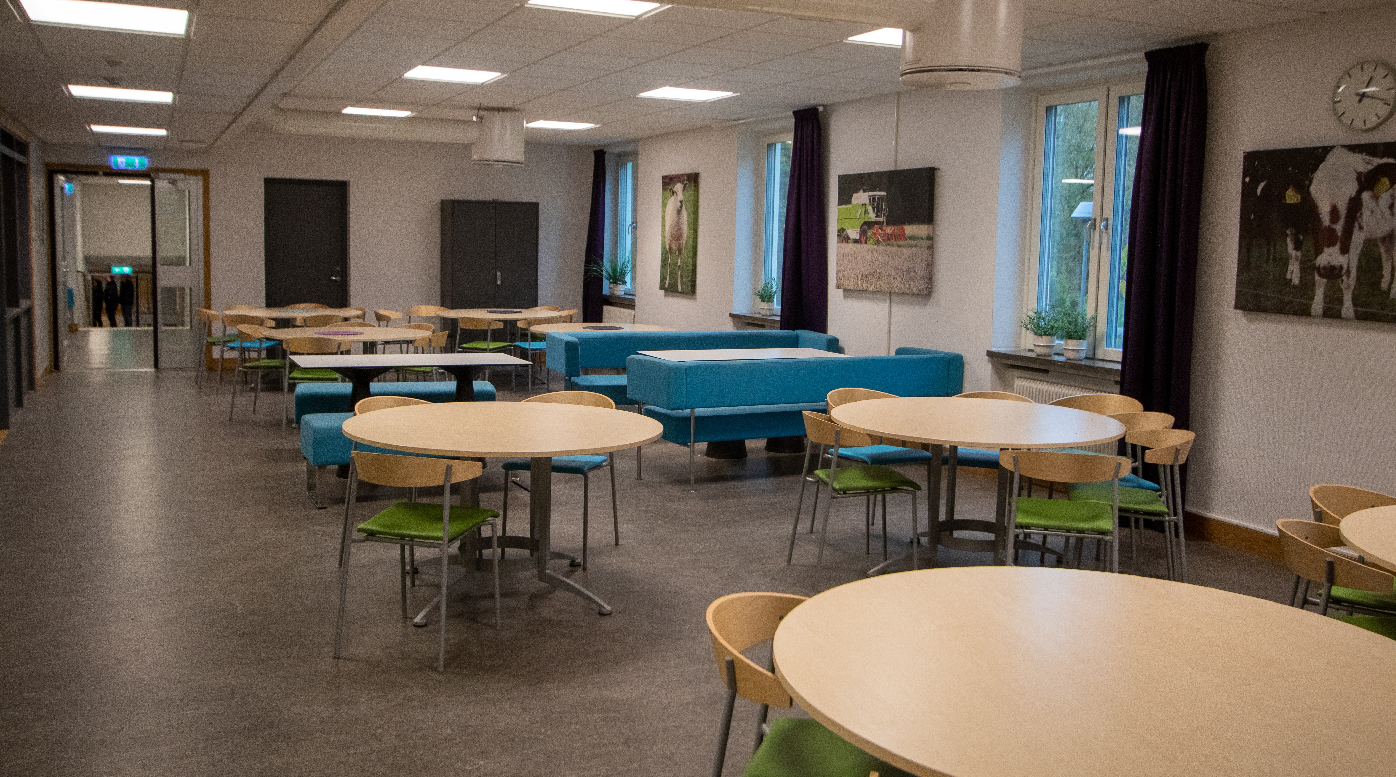 Uppehållsrum med bord, soffor och stolar