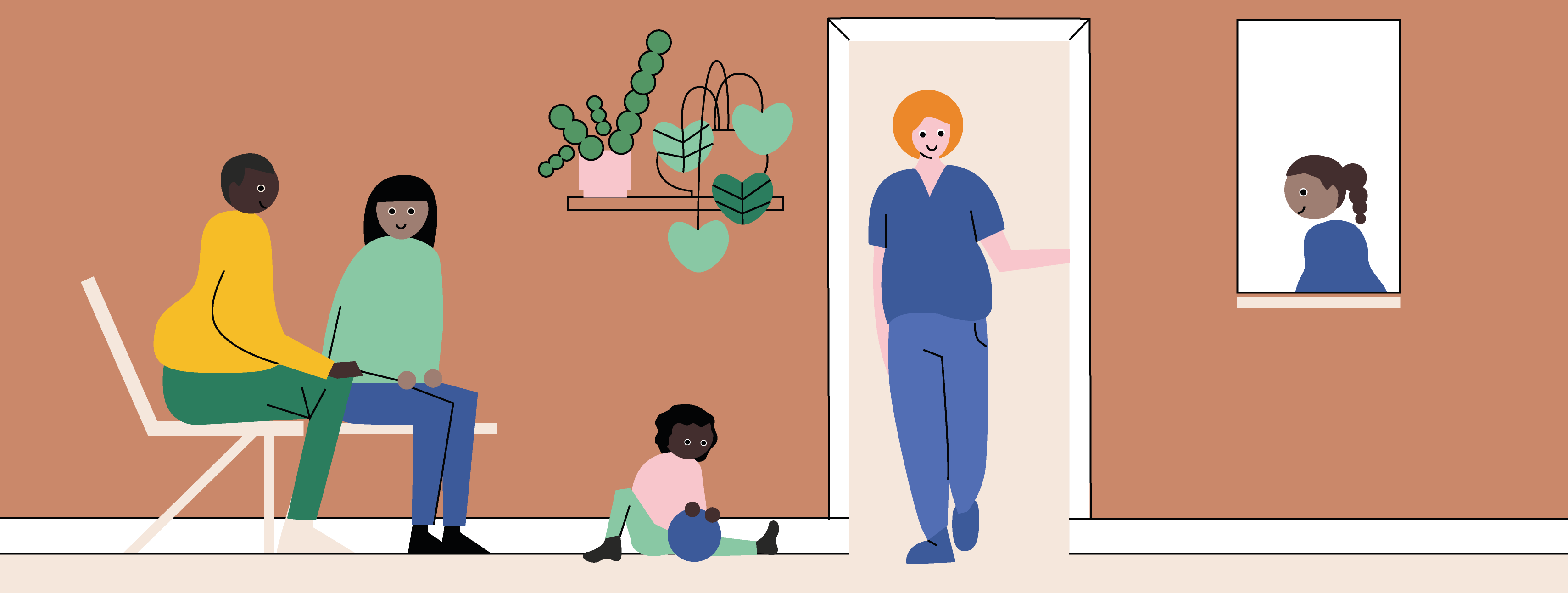 Illustrerat väntrum med barn som leker med boll