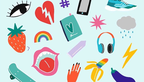 Flera ritade symboler; ett öga, jordgubbe, regnbåge, öppen mun med röda läppar , hand, hörlurar, bok med hjärta, kondom, skateboard, hashtag, sko, mon med regndroppar, aubergine tå ljustblå botten