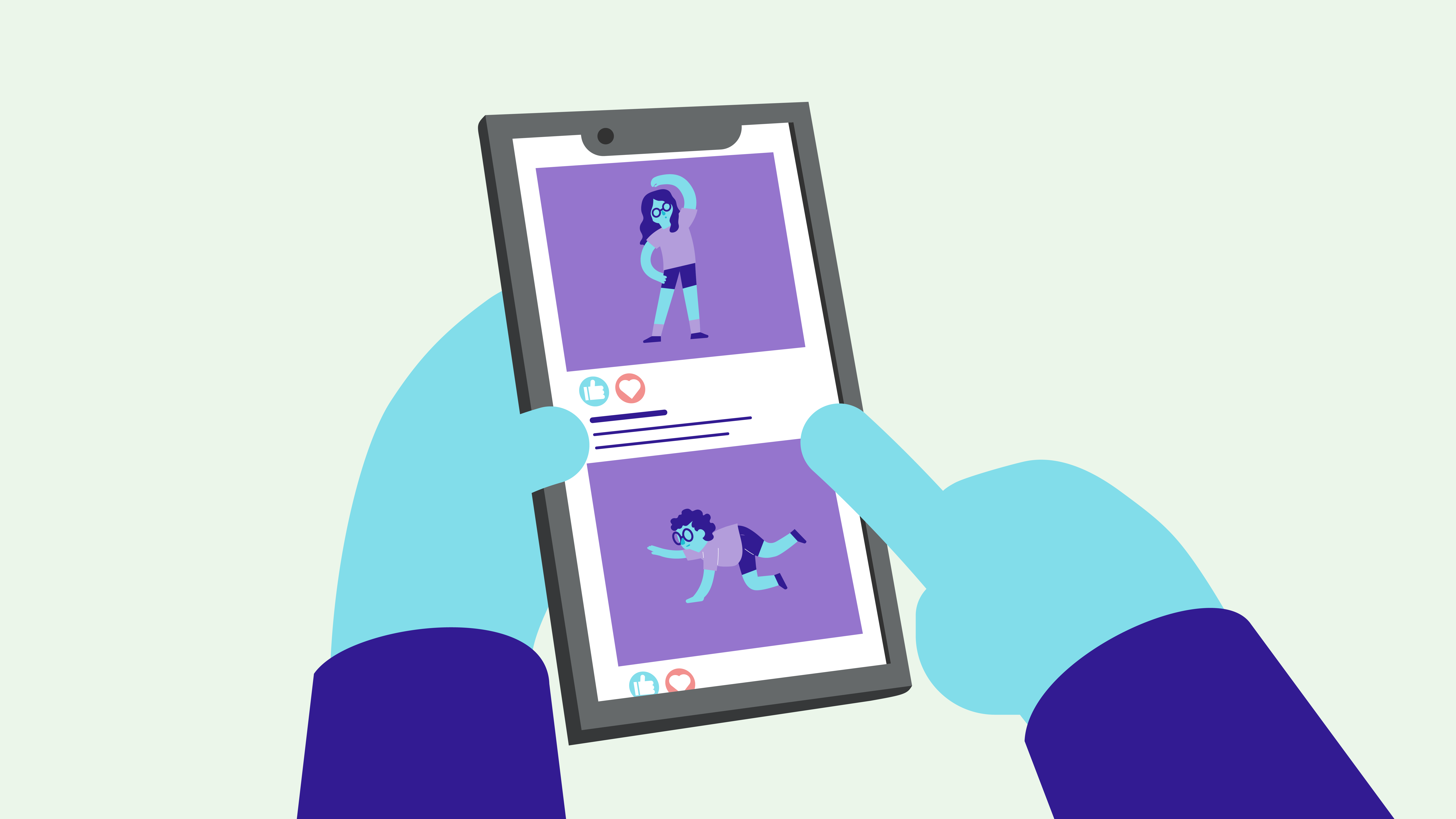 Illustration. Händer som håller i en läsplatta och väljer mellan olika träningsprogram illustrerade av två figurer. En som tränar på golvet och en som står och tränar.