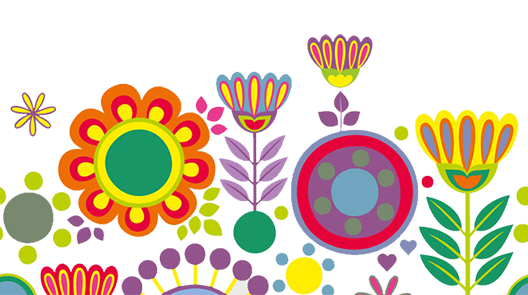 Grafiska blommor i glada färger som grönt, orange, rosa, lila, grönt, rött, blått och cerise