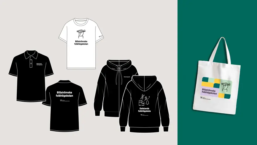 tröjor och tygkasse med billströmska folkhögskolan skrivit på